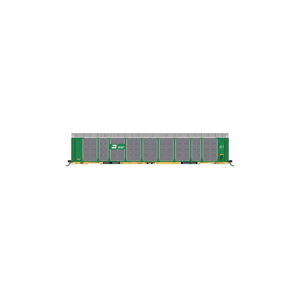 Tri-Level Enclosed Auto Rack - Ready to Run -- Burlington Northern ETTX 852630 (Cascade Green, yellow, black, white, silve, HO, 