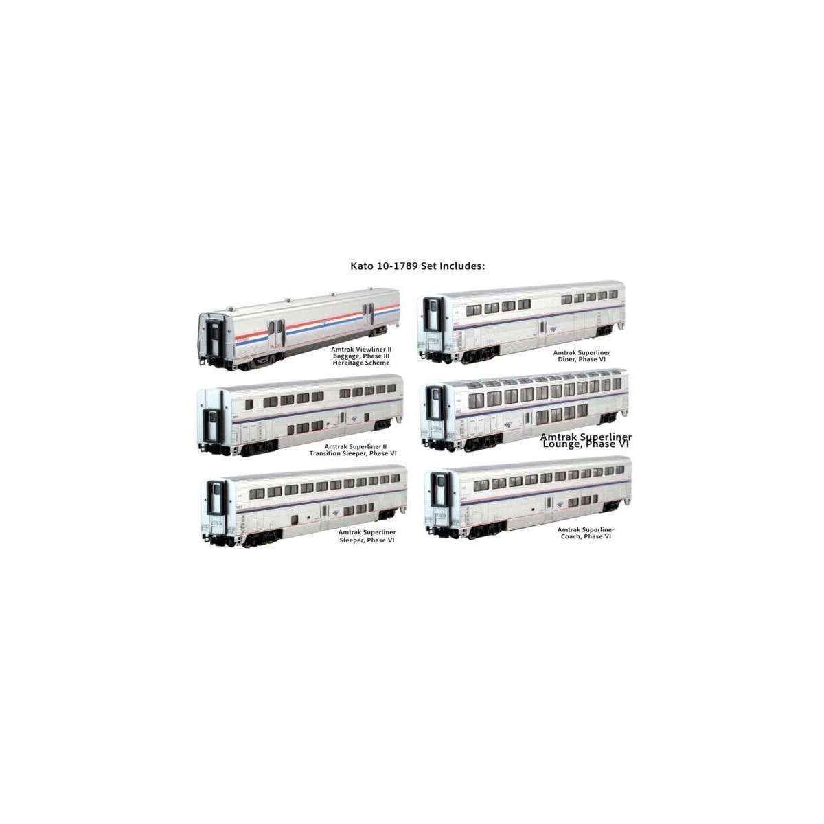 Viewliner Baggage & 5 Superliner Car Bookcase Set -- Amtrak (Phase VI silver, blue, red), N, Kato USA Inc 101789