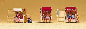 Recreation & Sports -- 3 Beach Huts with Figures, HO, Preiser Kg 10427