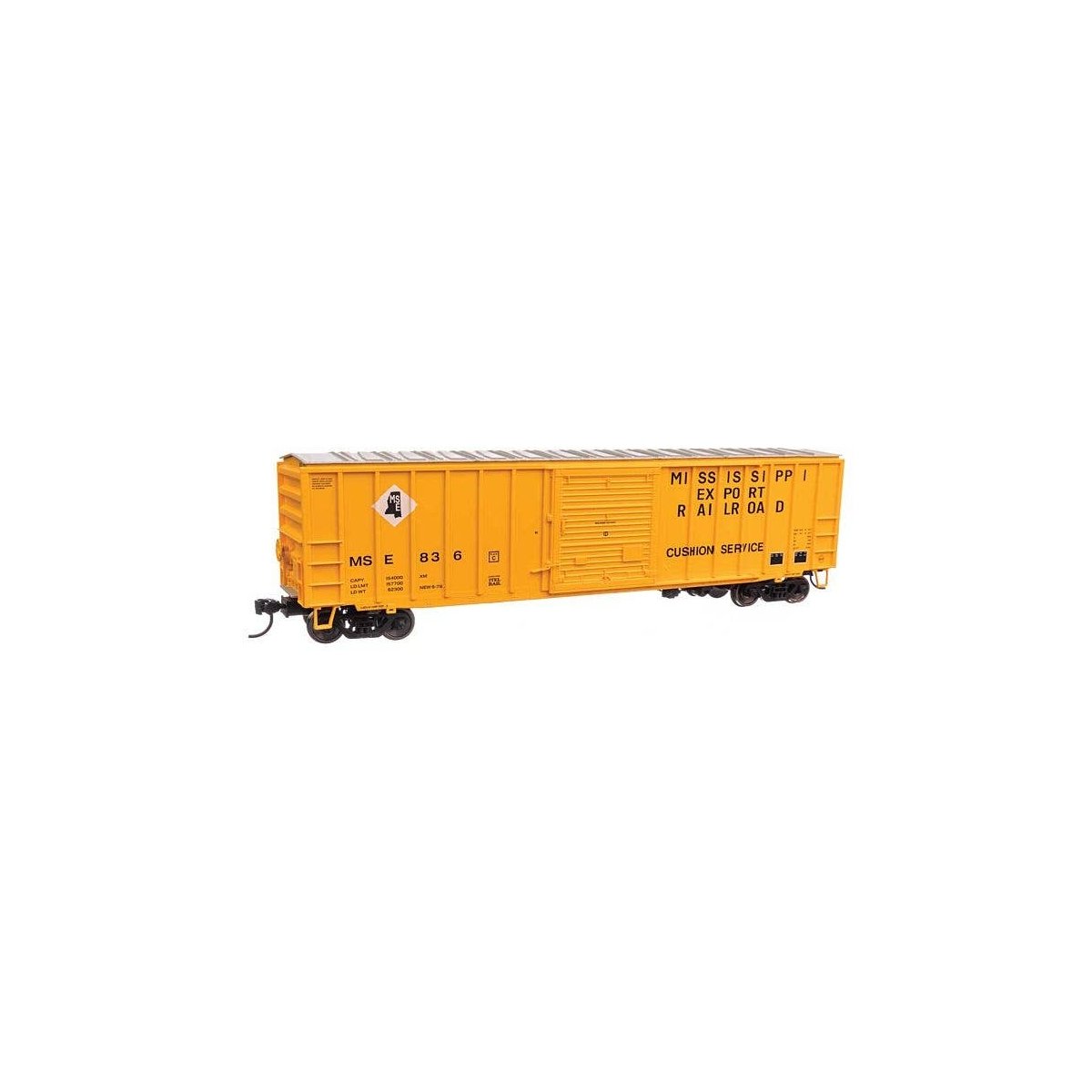 50′ ACF Exterior Post Boxcar - Ready to Run -- Mississippi Export Railroad MSE 836 (yellow, black, white), HO, WalthersMainlin