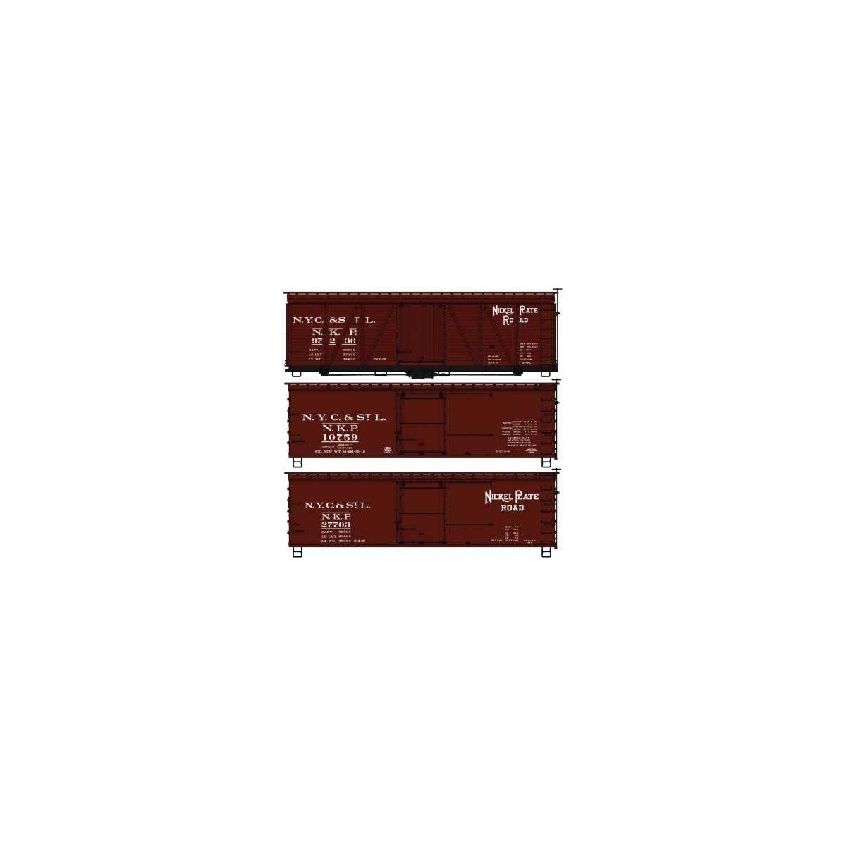 40′ Wood Boxcar 3-Pack - Kit -- Nickel Plate 97236, 10759, 27703 (3 Schemes, Boxcar Red), HO, Accurail Inc 8140