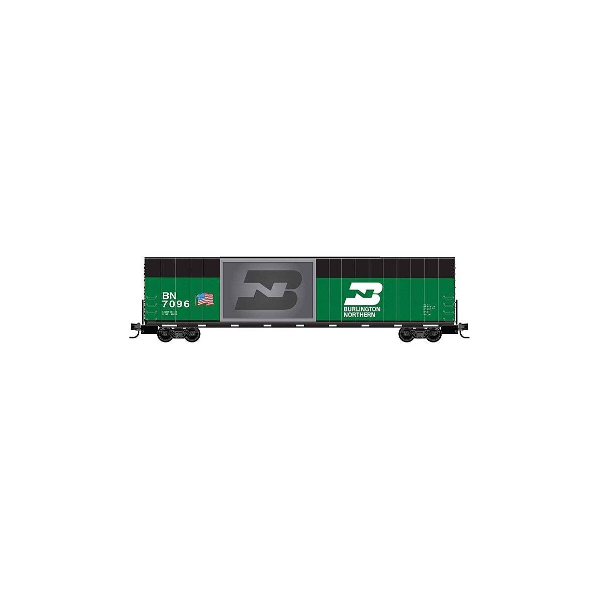 Modified 60′ Excess-Height Double-Plug-Door Boxcar - Ready-to-Run -- Burlington Northern 7096 (Cascade Green, black, Granite I
