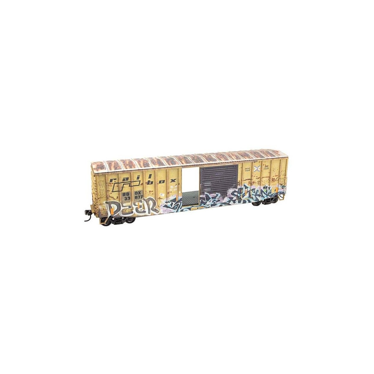 50′ Exterior-Post Modern Boxcar - Kit -- Railbox 33877 (Weathered, yellow, black, graffiti), HO, Micro Trains Line 5600004