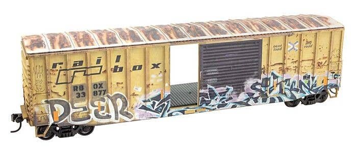 50′ Exterior-Post Modern Boxcar - Kit -- Railbox 33877 (Weathered, yellow, black, graffiti), HO, Micro Trains Line 5600004
