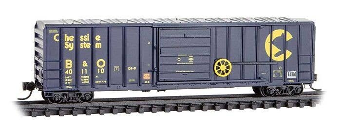 50′ Rib-Side Single-Door Boxcar No Roofwalk - Ready to Run -- Chessie System B&O 401110 (blue, yellow), N, Micro Trains Line 2