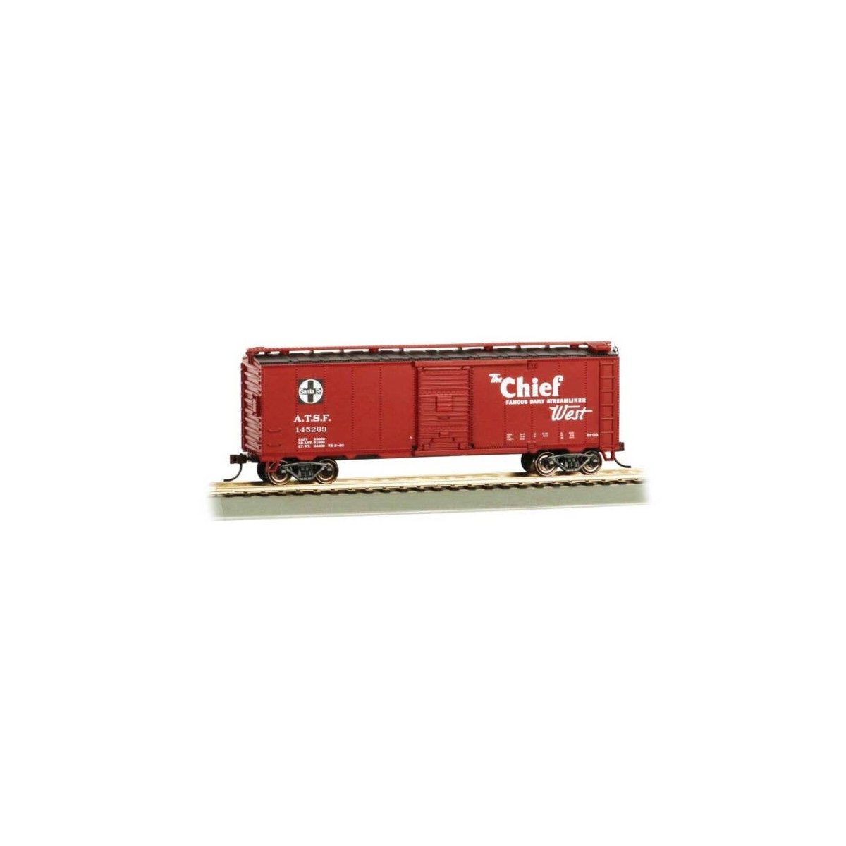 40′ Steel Boxcar - Ready to Run -- Santa Fe 145263 (Boxcar Red Map Scheme, Chief Slogan), HO, Bachmann Industries 16507