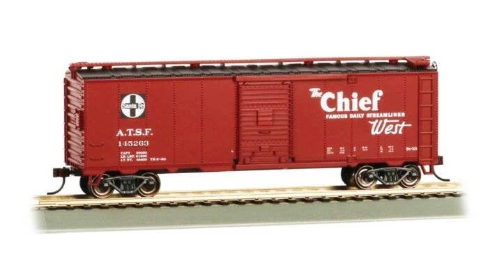 40′ Steel Boxcar - Ready to Run -- Santa Fe 145263 (Boxcar Red Map Scheme, Chief Slogan), HO, Bachmann Industries 16507