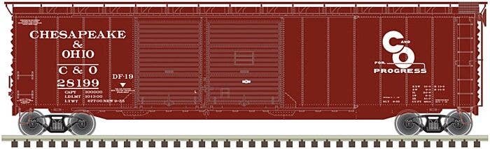 Postwar 50′ Double-Door Boxcar - Ready to Run - Master(R) -- Chesapeake & Ohio 28124 (Boxcar Red, white), HO, Atlas Model Rail