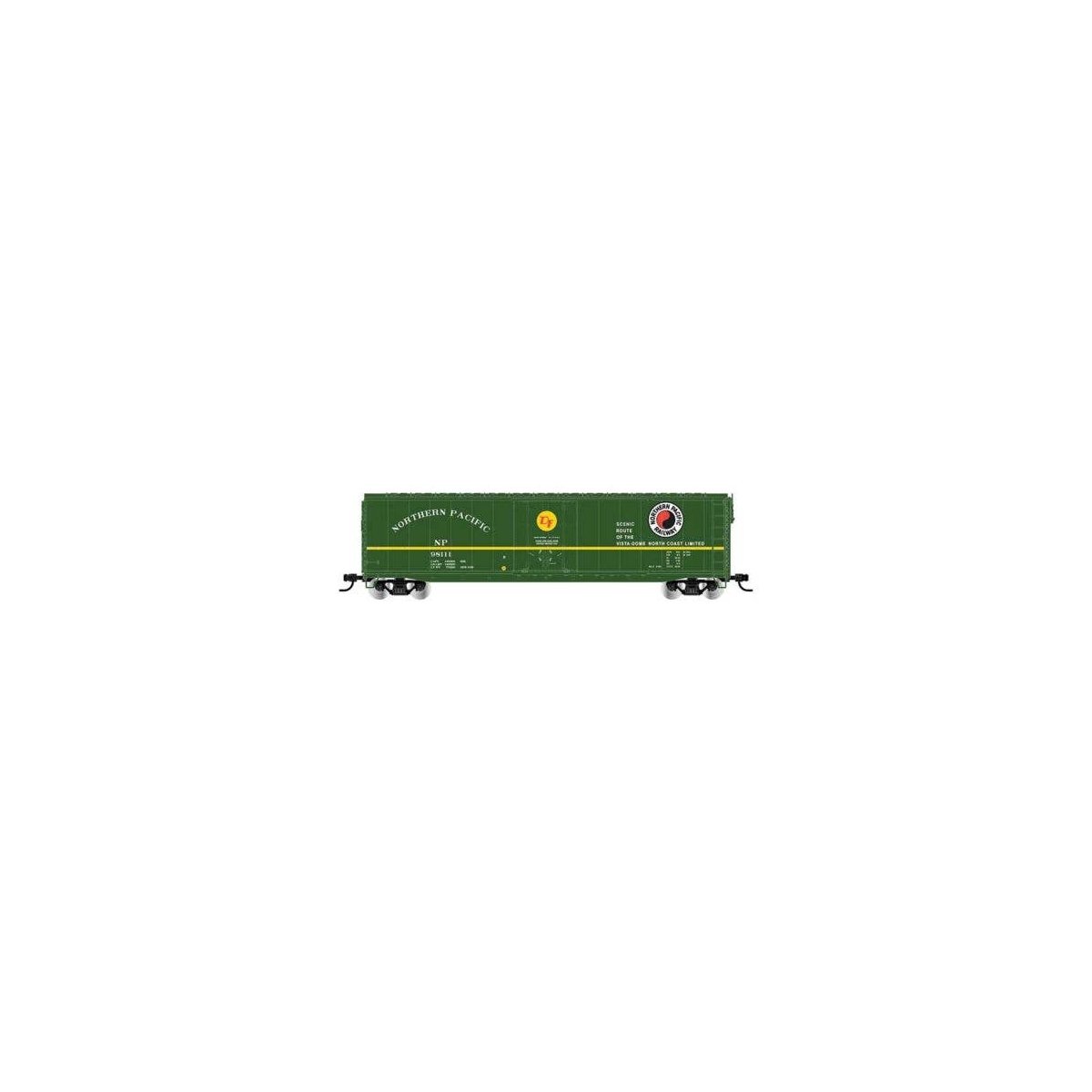 50′ Plug-Door Boxcar No Roofwalk - Ready to Run -- Northern Pacific 98149 (green, yellow, North Coast Slogan, Monad), HO, Riva