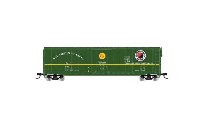 50′ Plug-Door Boxcar No Roofwalk - Ready to Run -- Northern Pacific 98058 (green, yellow, North Coast Slogan, Monad), HO, Riva
