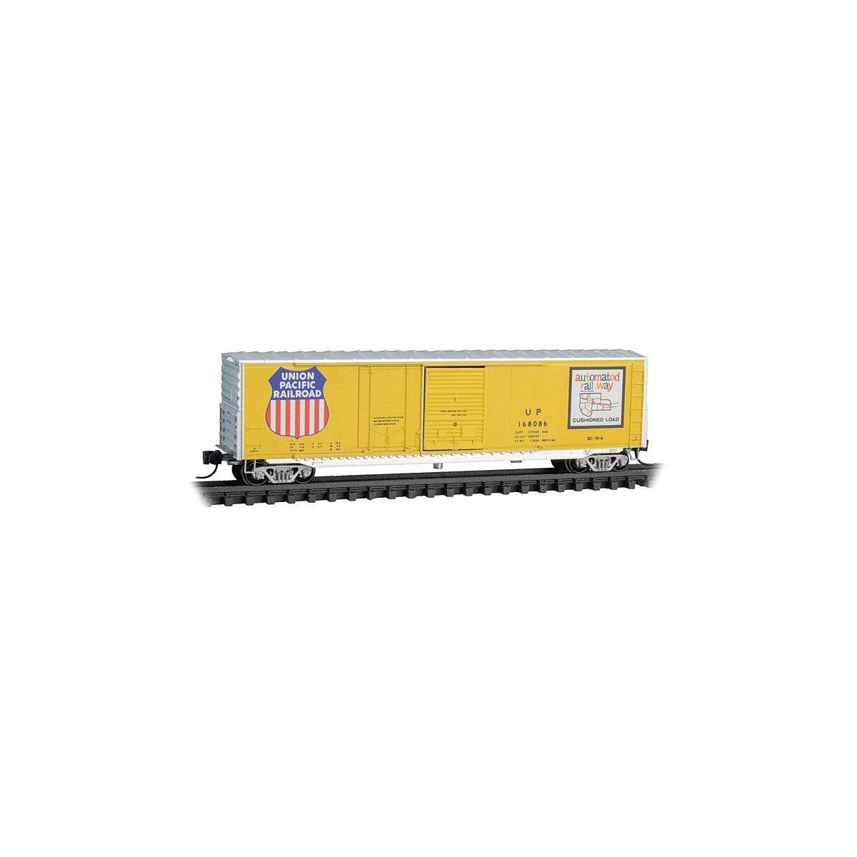 50′ Plug & Sliding Door Boxcar No Roofwalk - Ready to Run -- Union Pacific 168086 (Armour Yellow, silver, Automated Railway Ma