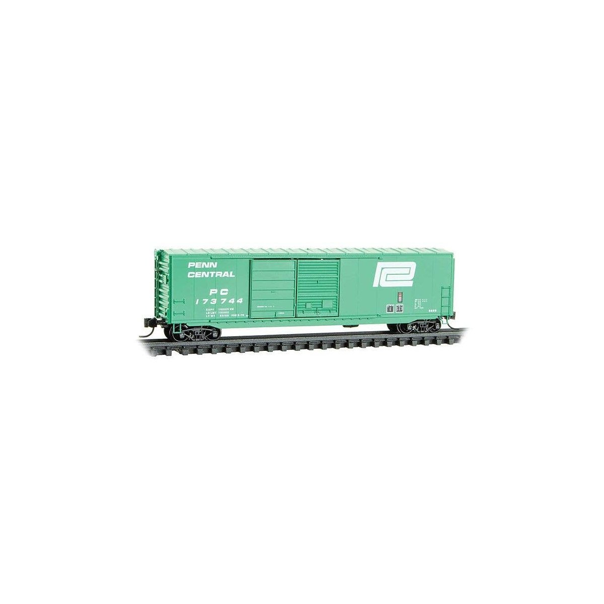 50′ Double-Door Boxcar No Roofwalk, Short Ladders - Ready to Run -- Penn Central 173744 (Jade Green, white), N, Micro Trains L