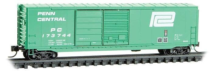 50′ Double-Door Boxcar No Roofwalk, Short Ladders - Ready to Run -- Penn Central 173744 (Jade Green, white), N, Micro Trains L