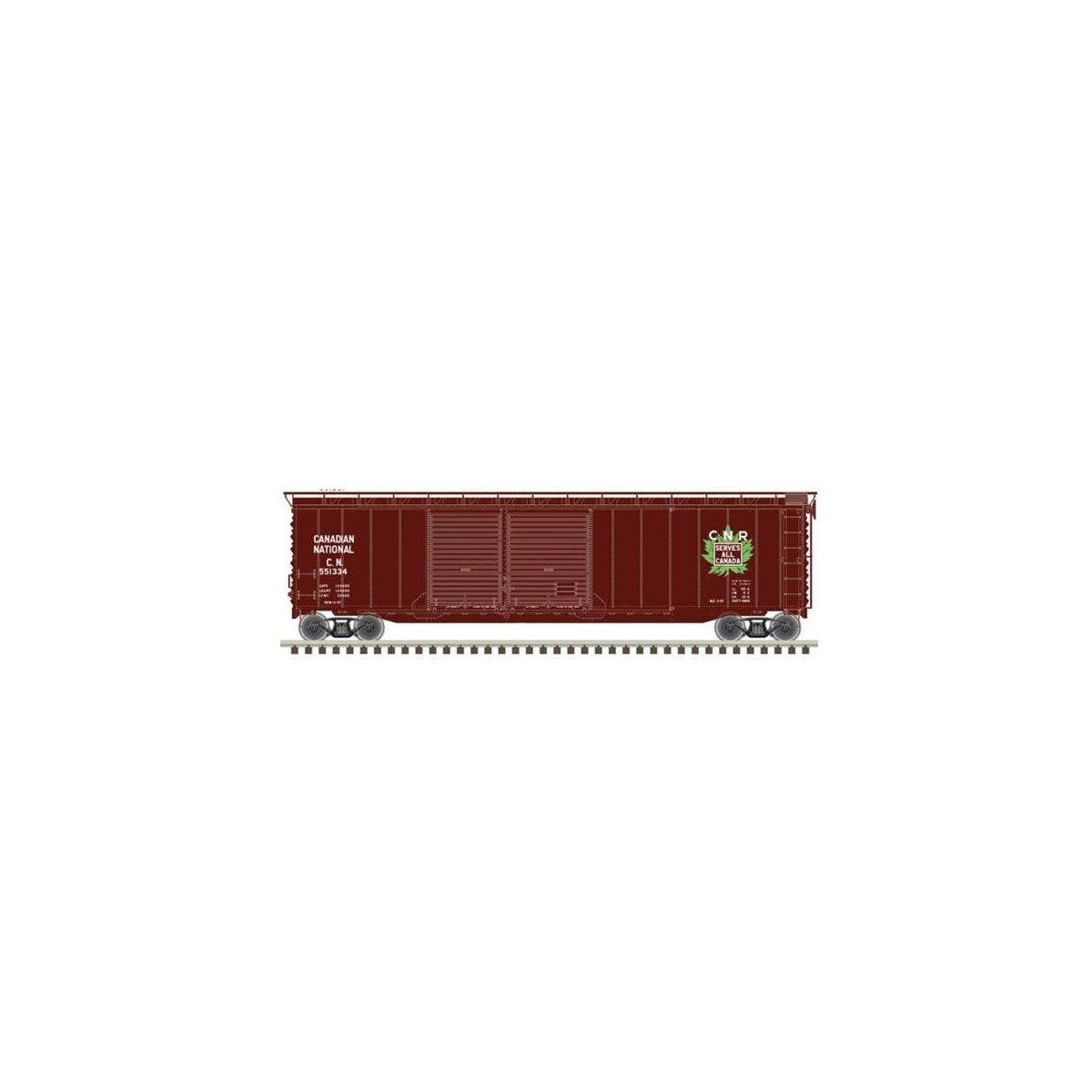 Postwar 50′ Double-Door Boxcar - Ready to Run - Master(R) -- Canadian National 551321 (Boxcar Red, white, green, Leaf Logo), H