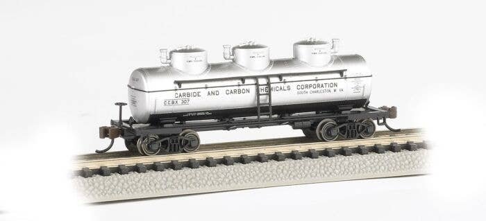 3-Dome Tank Car - Ready-to-Run -- Carbide & Carbon Chemicals Corp. (silver), N, Bachmann Industries 17155