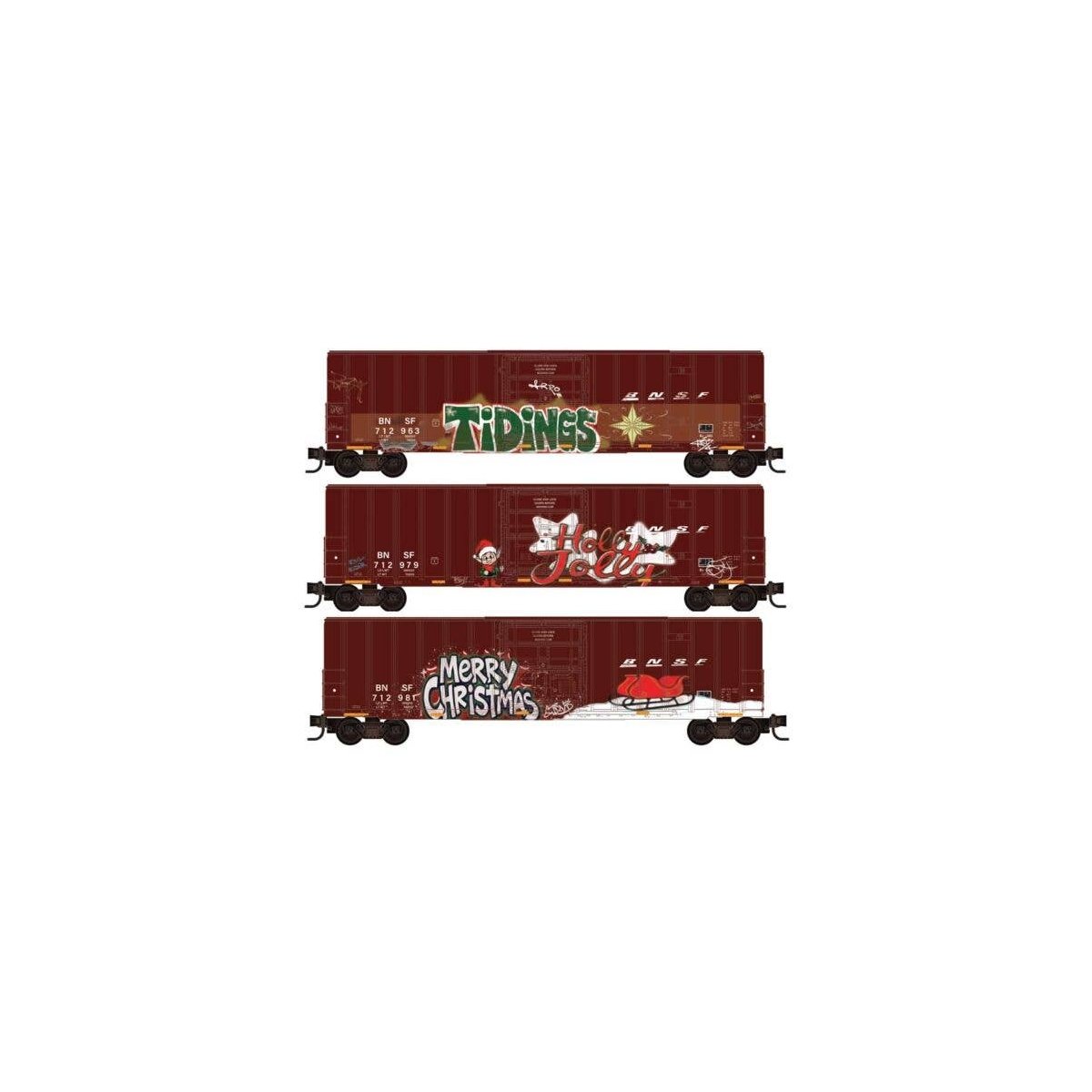 50′ Rib-Side Plug-Door Boxcar No Roofwalk 3-Pack - Ready to Run -- BNSF Railway 712963, 712979, 712981 (Weathered, Boxcar Red,