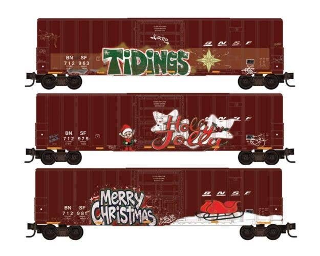 50′ Rib-Side Plug-Door Boxcar No Roofwalk 3-Pack - Ready to Run -- BNSF Railway 712963, 712979, 712981 (Weathered, Boxcar Red,