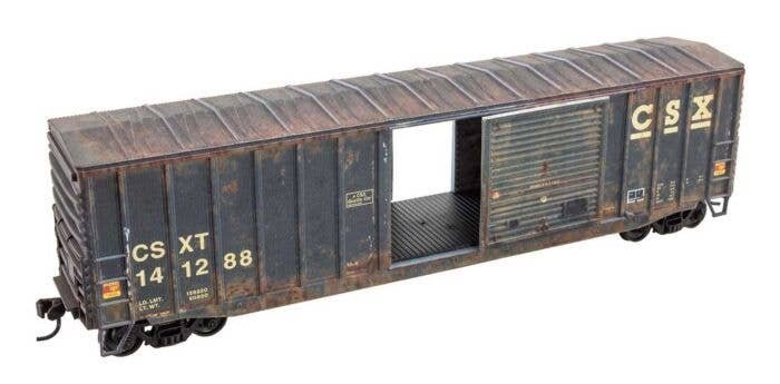 50′ Exterior-Post Modern Boxcar - Kit -- CSX 141288 (Weathered, blue, yellow), HO, Micro Trains Line 5600005