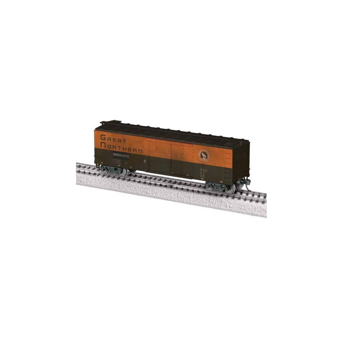 40′ Steel Flat-End Boxcar - Ready to Run -- Great Northern BN 950572 (Weathered, Omaha Orange, Pullman Green), HO, Lionel 2554