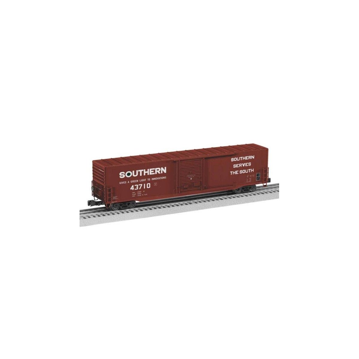 Pullman-Standard PS-1 60′ Single-Door Boxcar - 3-Rail - Ready to Run -- Southern Railway 43710 (Boxcar Red, white, Green Light