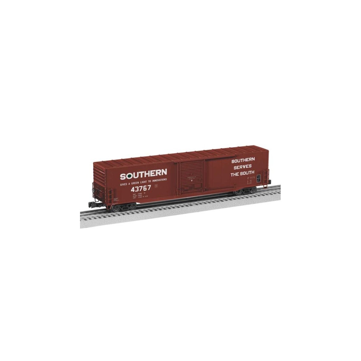 Pullman-Standard PS-1 60′ Single-Door Boxcar - 3-Rail - Ready to Run -- Southern Railway 43767 (Boxcar Red, white, Green Light