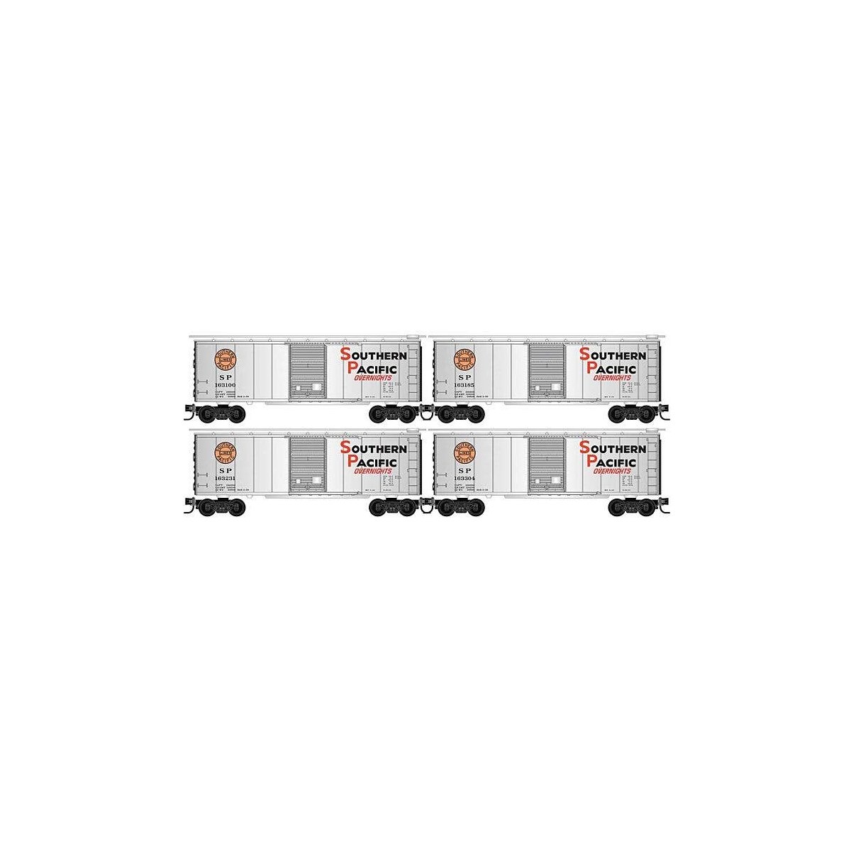 40′ Single-Door Boxcar 4-Pack - Ready to Run -- Southern Pacific 163100, 163185, 163231, 163304 (Overnight, silver, black,, N,