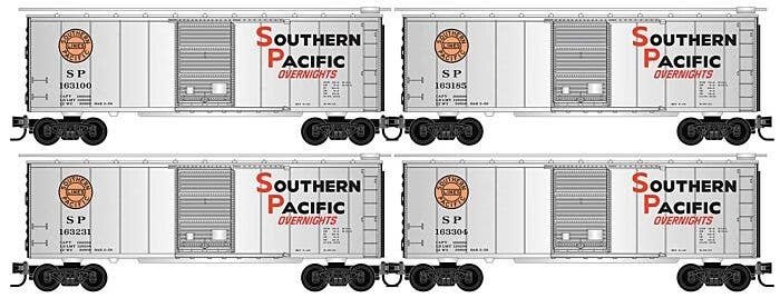 40′ Single-Door Boxcar 4-Pack - Ready to Run -- Southern Pacific 163100, 163185, 163231, 163304 (Overnight, silver, black,, N,