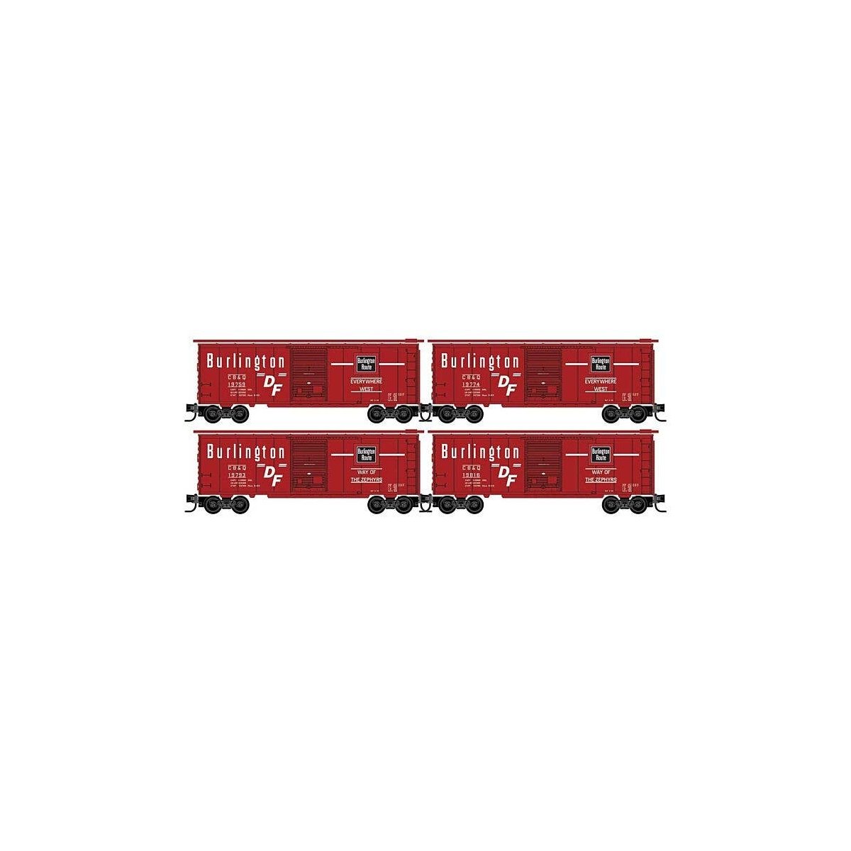 40′ Single-Door Boxcar 4-Pack - Ready to Run -- Chicago, Burlington & Quincy 19759, 19774, 19793, 19816 (red, white, black), N