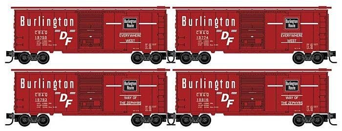 40′ Single-Door Boxcar 4-Pack - Ready to Run -- Chicago, Burlington & Quincy 19759, 19774, 19793, 19816 (red, white, black), N