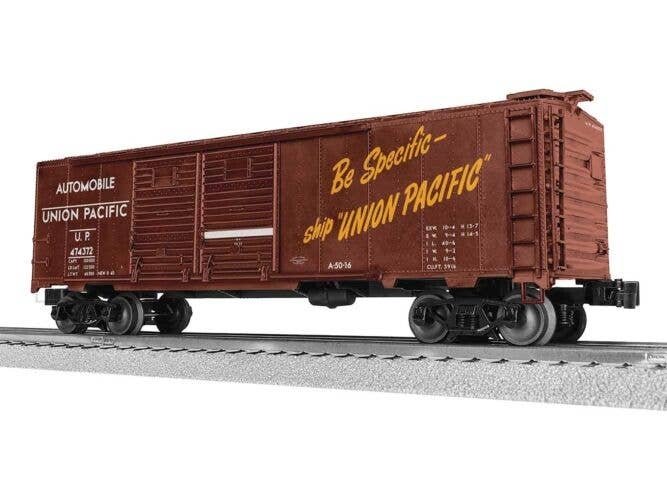 40′ Double-Door Boxcar - 3-Rail - Ready to Run -- Union Pacific 474372 (Boxcar Red, Automobile Service, Be Specific Slogan), O