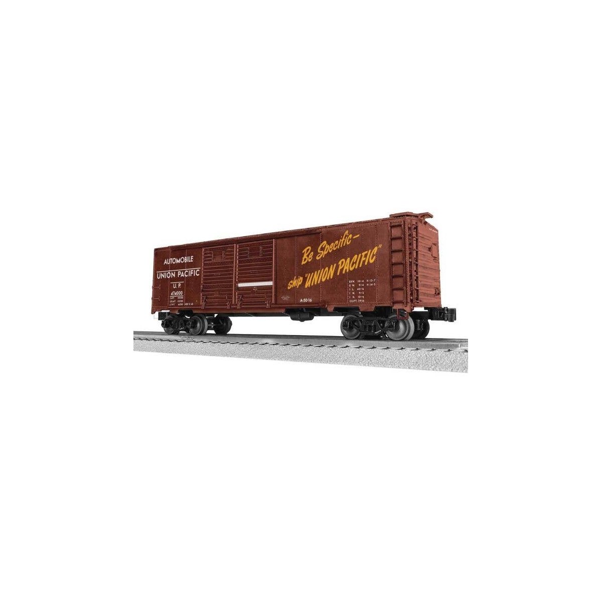 40′ Double-Door Boxcar - 3-Rail - Ready to Run -- Union Pacific 474000 (Boxcar Red, Automobile Service, Be Specific Slogan), O