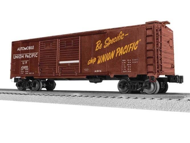 40′ Double-Door Boxcar - 3-Rail - Ready to Run -- Union Pacific 474000 (Boxcar Red, Automobile Service, Be Specific Slogan), O