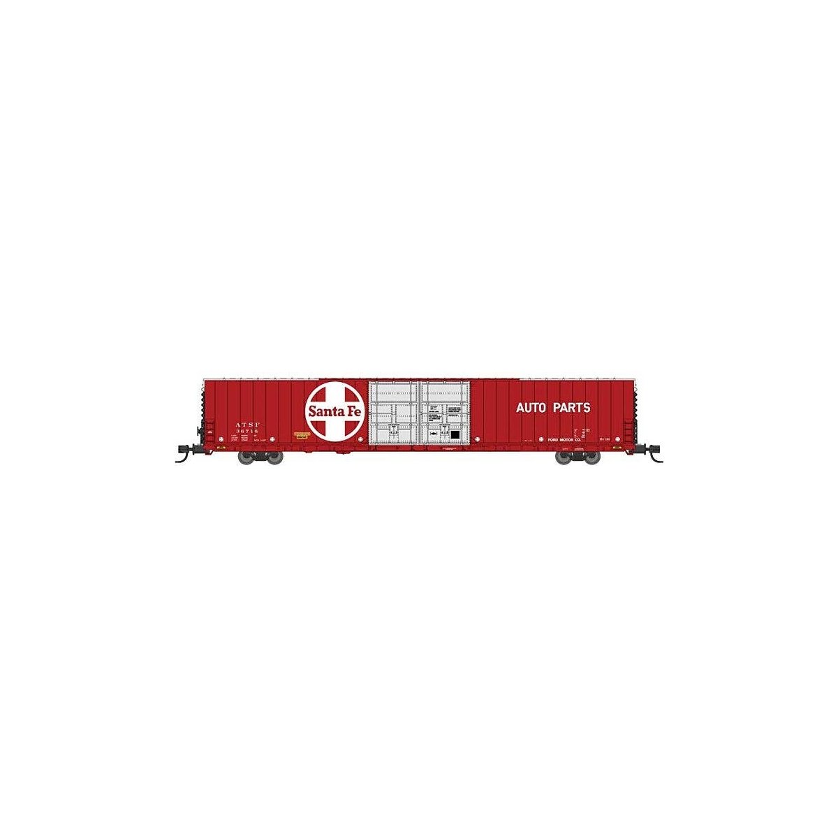 Pullman-Standard 86′ Auto Parts Double-Door Boxcar - Ready to Run -- Santa Fe 36711 (red, silver, white, Auto Parts Lettering,