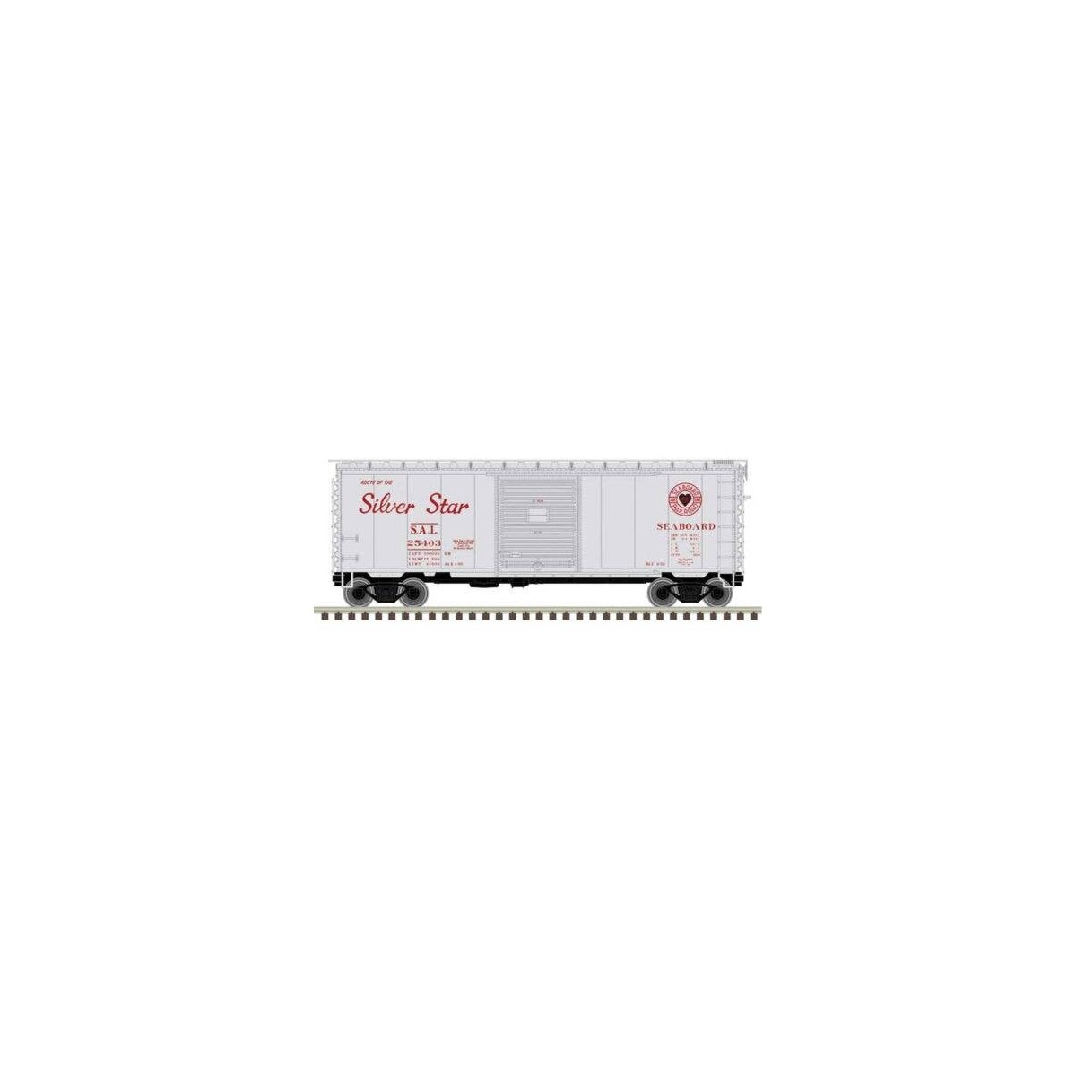 P-S PS-1 40` Boxcar w/8` Door - Ready to Run - Master -- Seaboard Air Line 25403 (silver, red, Silver Star Slogan), N, Atlas Mod
