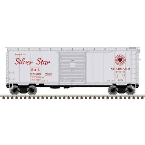 P-S PS-1 40` Boxcar w/8` Door - Ready to Run - Master -- Seaboard Air Line 25403 (silver, red, Silver Star Slogan), N, Atlas Mod