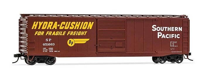 50′ Sliding-Door Boxcar with Roofwalk - Ready to Run -- Southern Pacific 651533 (Boxcar Red, yellow, white, Hydra Cushion Mark