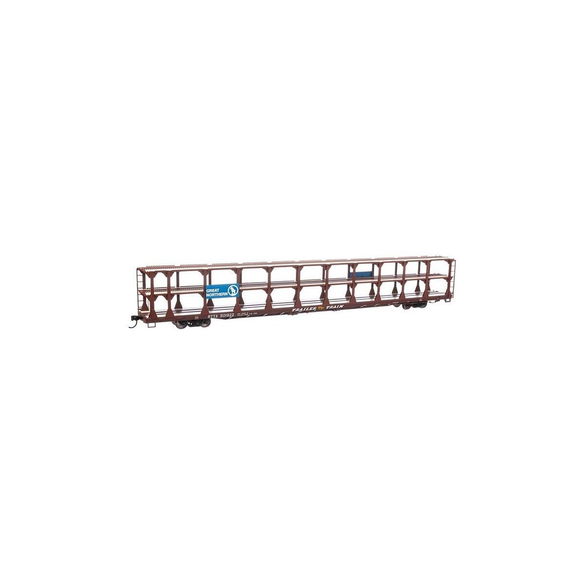 89′ Flatcar w/Tri-Level Open Auto Rack - Ready to Run -- Great Northern Rack Trailer-Train Flatc, HO, WalthersMainline 8212