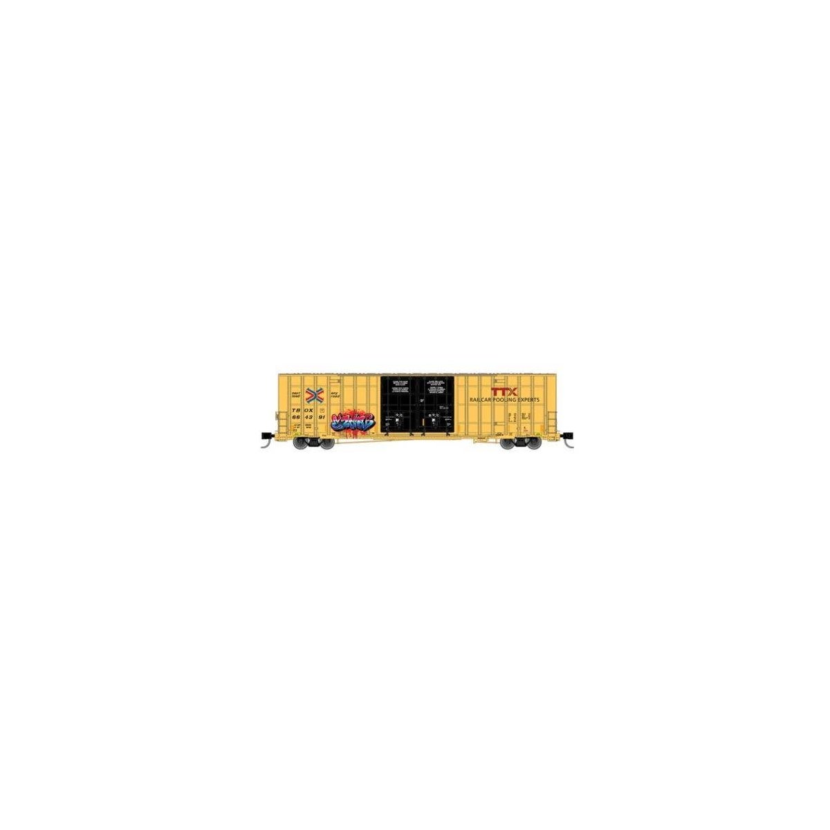 Gunderson 7550 Double-Door Boxcar - Ready to Run -- TTX TBOX 664391 (yellow, black, red logo, Graffiti), N, Atlas Model Railroad
