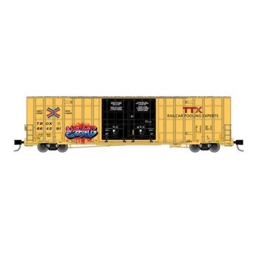 Gunderson 7550 Double-Door Boxcar - Ready to Run -- TTX TBOX 664391 (yellow, black, red logo, Graffiti), N, Atlas Model Railroad