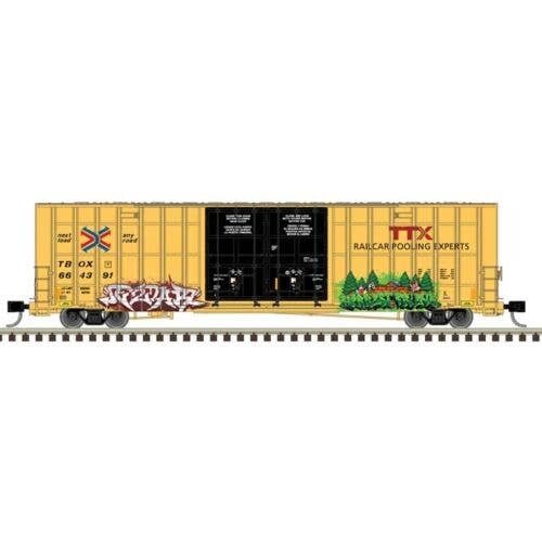 Gunderson 7550 Double-Door Boxcar - Ready to Run -- TTX TBOX 664263 (yellow, black, red logo, Graffiti), N, Atlas Model Railroad
