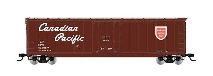 50′ Plug-Door Boxcar w/Roofwalk - Ready to Run -- Canadian Pacific 80000 (Boxcar Red, red, white, Script Lettering, Newsprint,