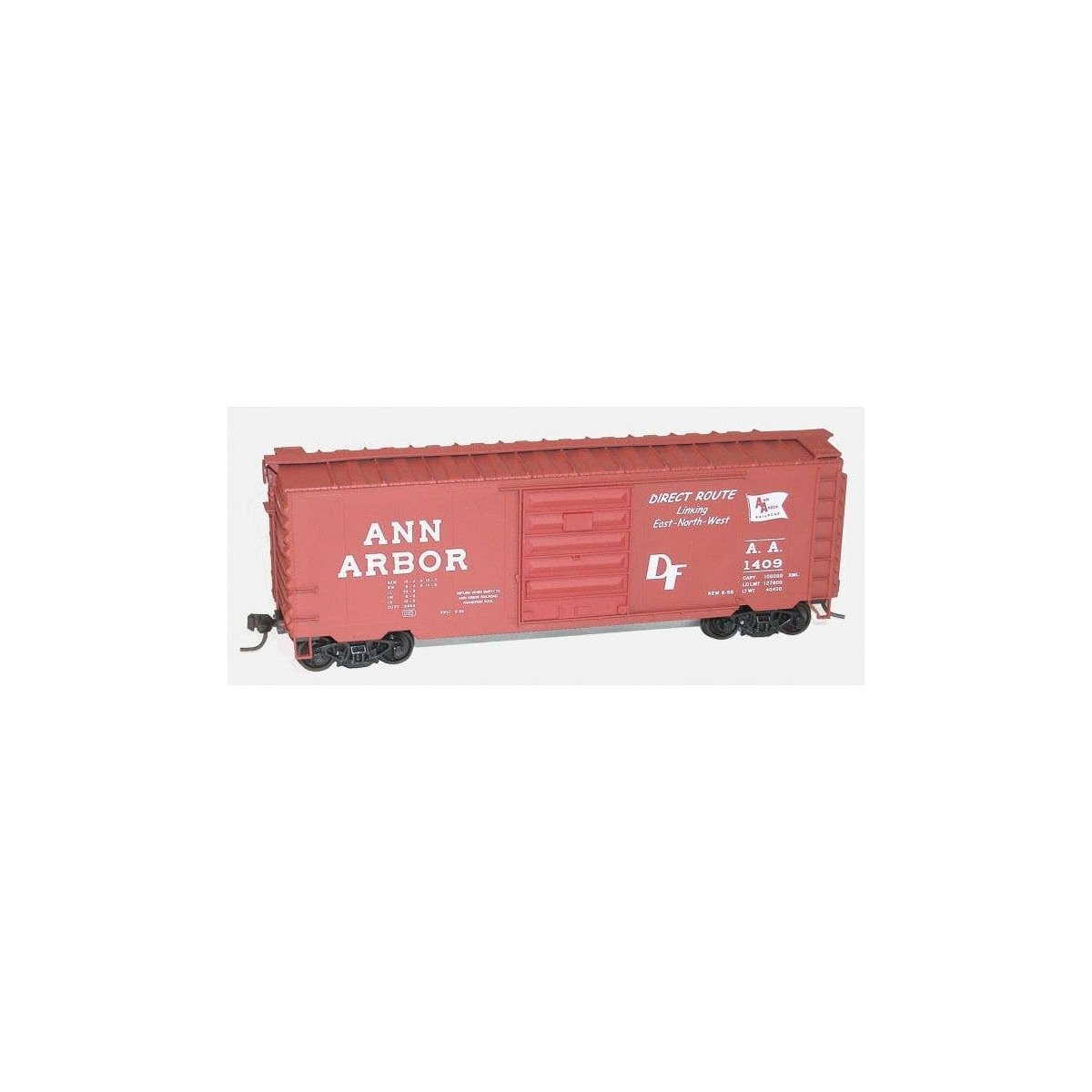 40′ PS-1 Steel Boxcar - Kit -- Ann Arbor 1409 (Boxcar Red, Flag Logo, Direct Route Slogan), HO, Accurail Inc 3450
