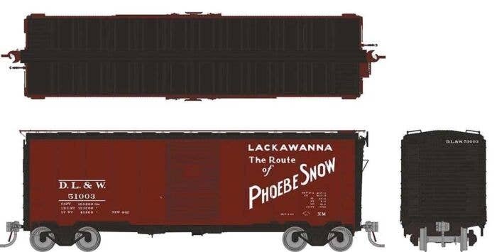 1937 AAR 40′ Boxcar w/Round Corner 6-Pack - Ready to Run -- Delaware, Lackawanna & Western Set 1 (Boxcar Red, black, Phoebe Sn