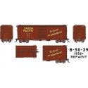 UP Class B-50-39 40′ Boxcar 6-Pack - Ready to Run -- Union Pacific (1956 Repaint, Boxcar Red, Be Specific Slogan), HO, Rapido 
