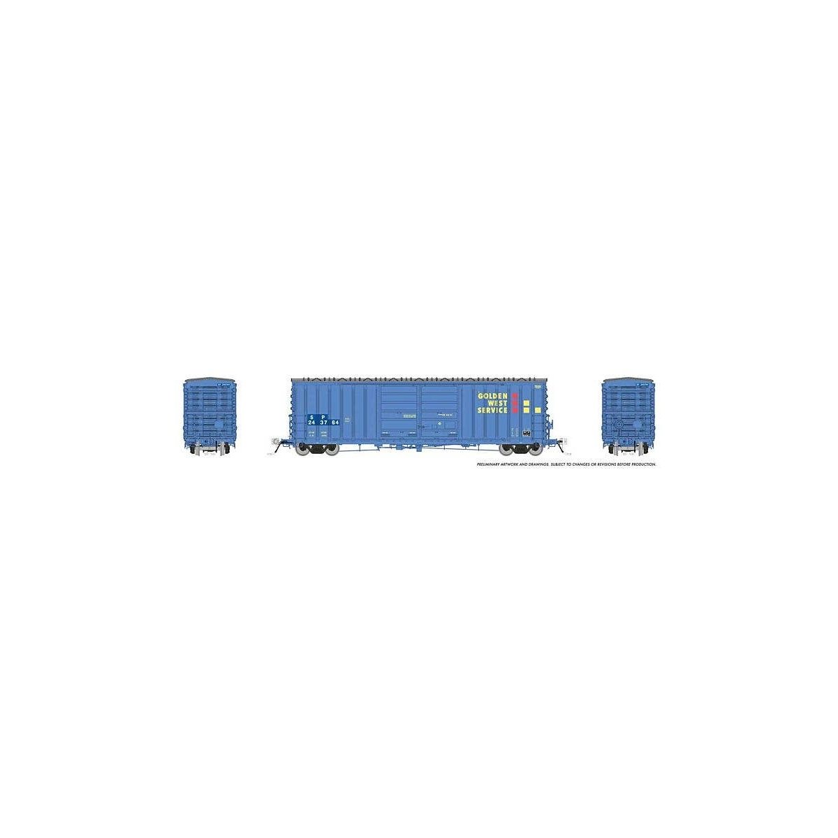 Pacific Car & Foundry B-70-69/71/75 Boxcar 6-Pack - Ready to Run -- Golden West Service SP Set 1 (SP Patch, Weathered, blue, yel