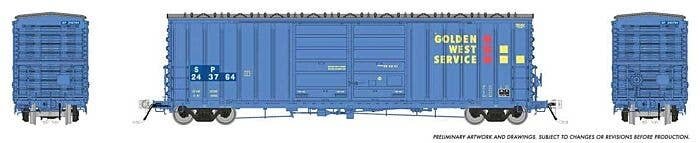 Pacific Car & Foundry B-70-69/71/75 Boxcar 6-Pack - Ready to Run -- Golden West Service SP Set 1 (SP Patch, Weathered, blue, yel
