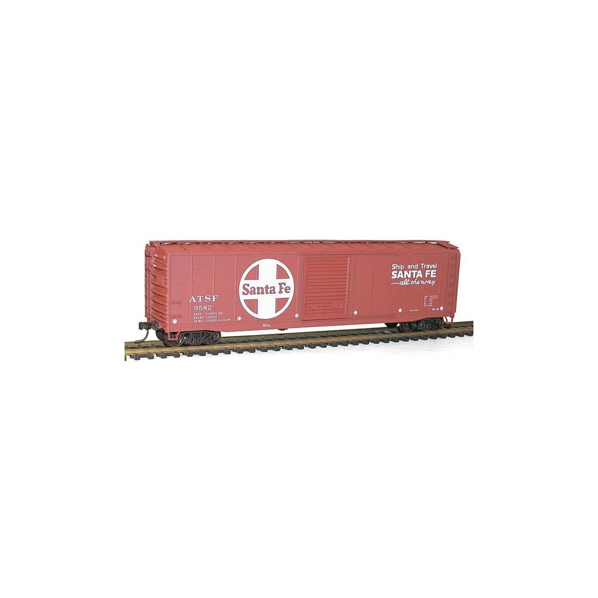 50′ Single-Door Riveted-Side Boxcar - Kit -- Santa Fe 9582 (Boxcar Red, white, Large Logo, Ship & Travel Slogan), HO, Accurail