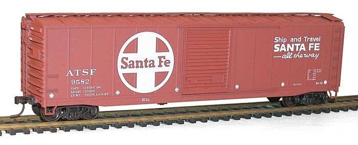 50′ Single-Door Riveted-Side Boxcar - Kit -- Santa Fe 9582 (Boxcar Red, white, Large Logo, Ship & Travel Slogan), HO, Accurail