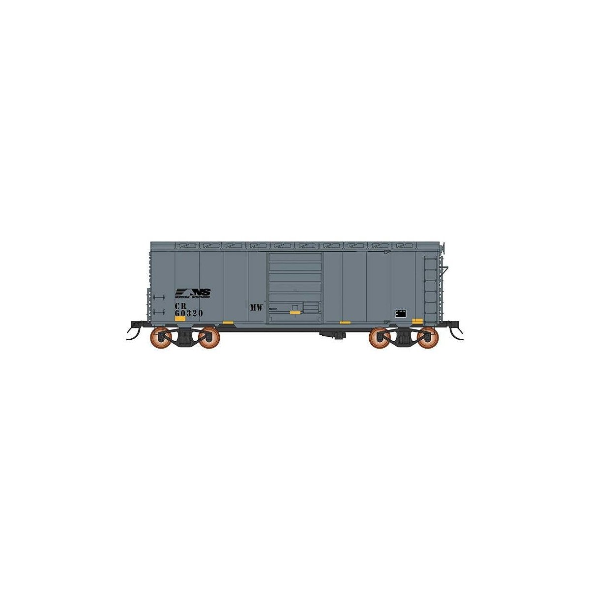 1938 AAR 10`6` Boxcar, 4-3-1 Improved Dreadnaught Ends - Ready to Run -- Norfolk Southern (MOW Scheme, gray, black, yellow consp