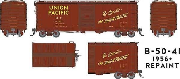 UP Class B-50-41 40′ Boxcar 6-Pack - Ready to Run -- Union Pacific (1956 Repaint, Boxcar Red, Be Specific Slogan), HO, Rapido 